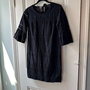 J Crew Shift Dress Womens 2 Black Bell Sleeve Cotton Lined Boho Tie Back